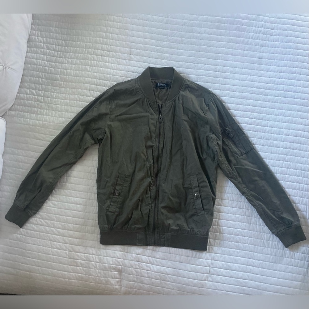 Classic Basic Solid Zip Up Sleeve Pocket Bomber Jacket Casual Unisex Olive